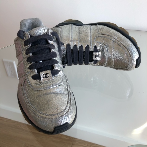 CHANEL Shoes - CHANEL Leather Silver Metallic Sneakers. 37 1/5